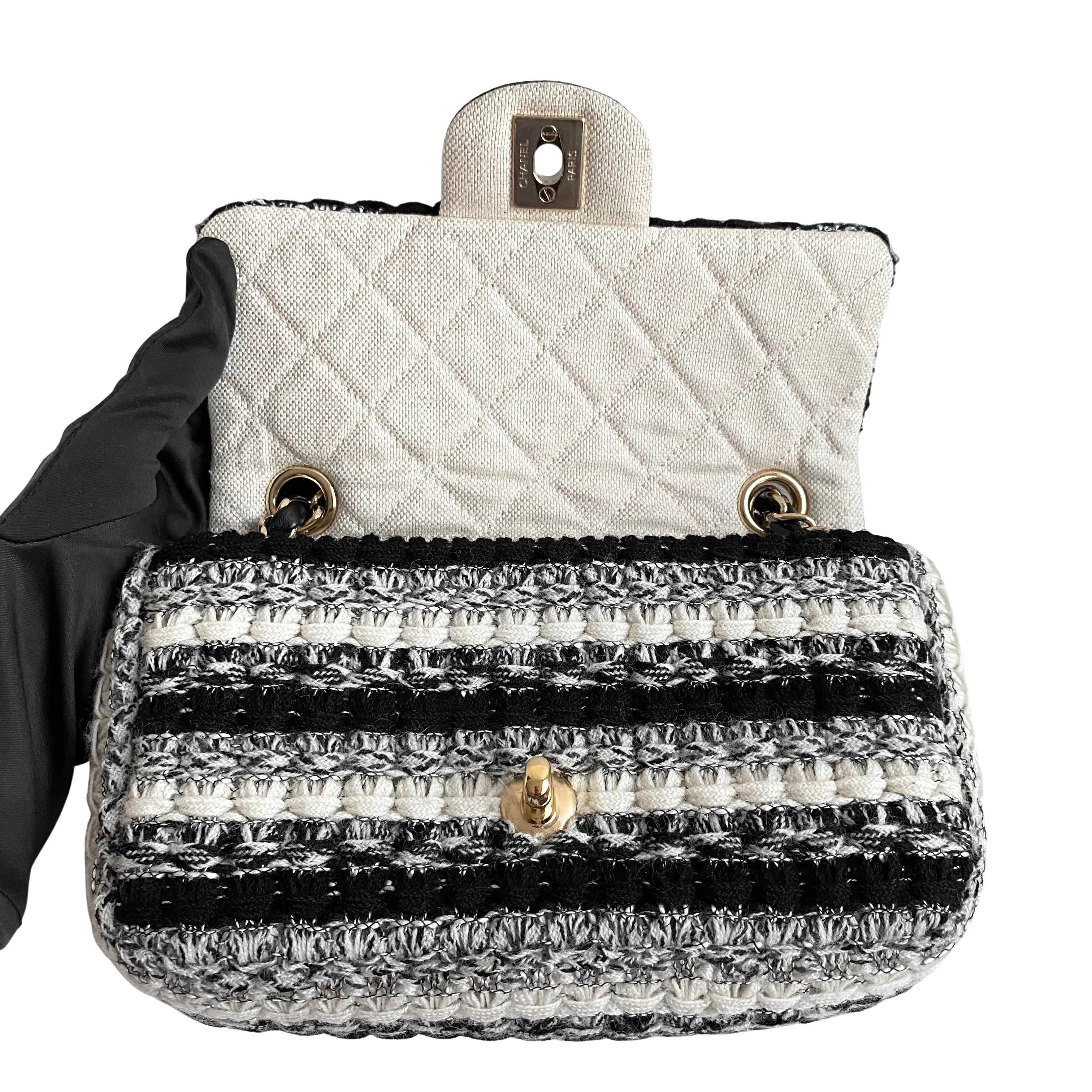19S Black and White Wool Tweed Mini Flap Bag