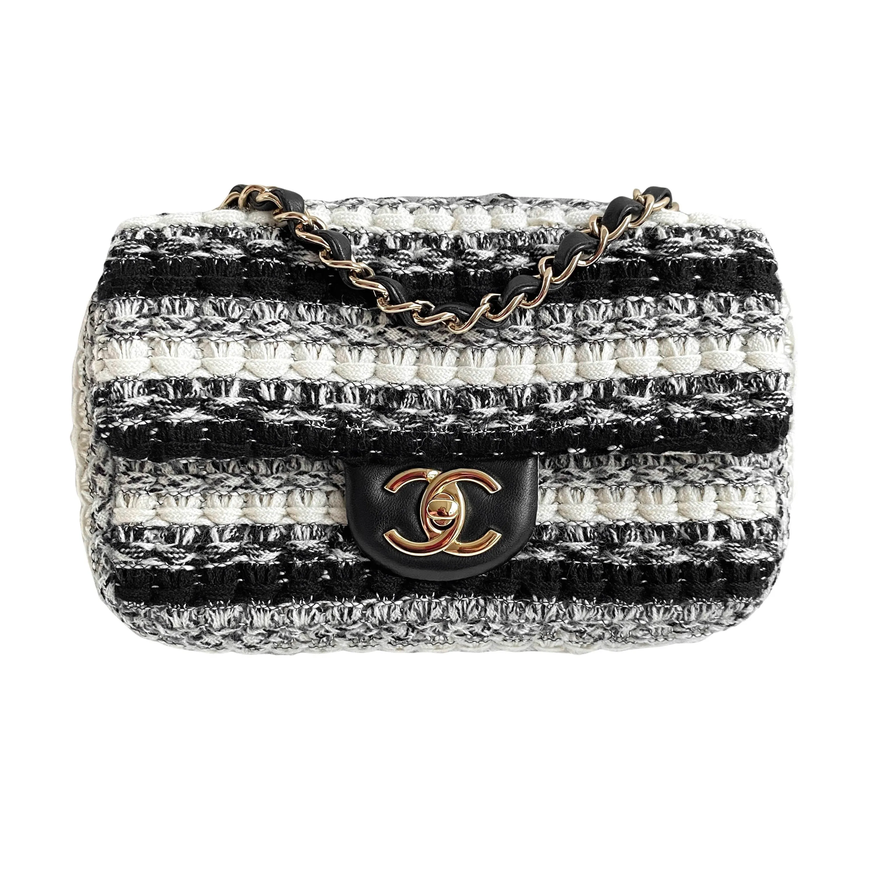 19S Black and White Wool Tweed Mini Flap Bag