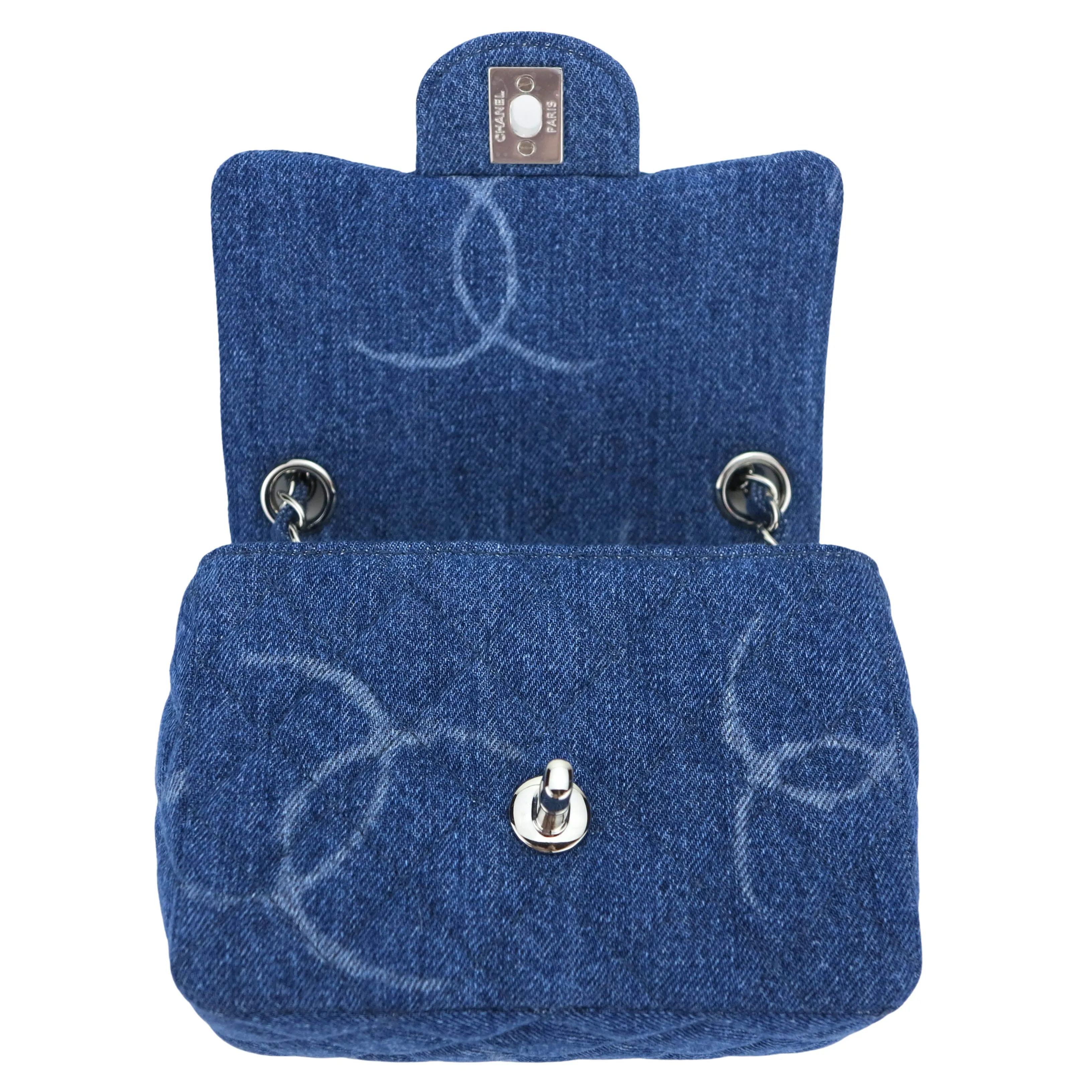 20B Printed CC Blue Denim Classic Mini Square Flap Bag