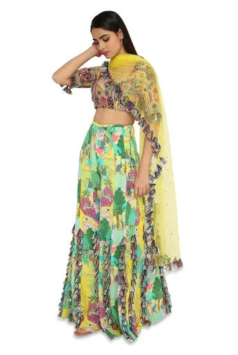Adana Yellow Colour Georgette Embroidered Choli With Yellow Colour Sharara And Yellow Mukaish Organza Dupatta