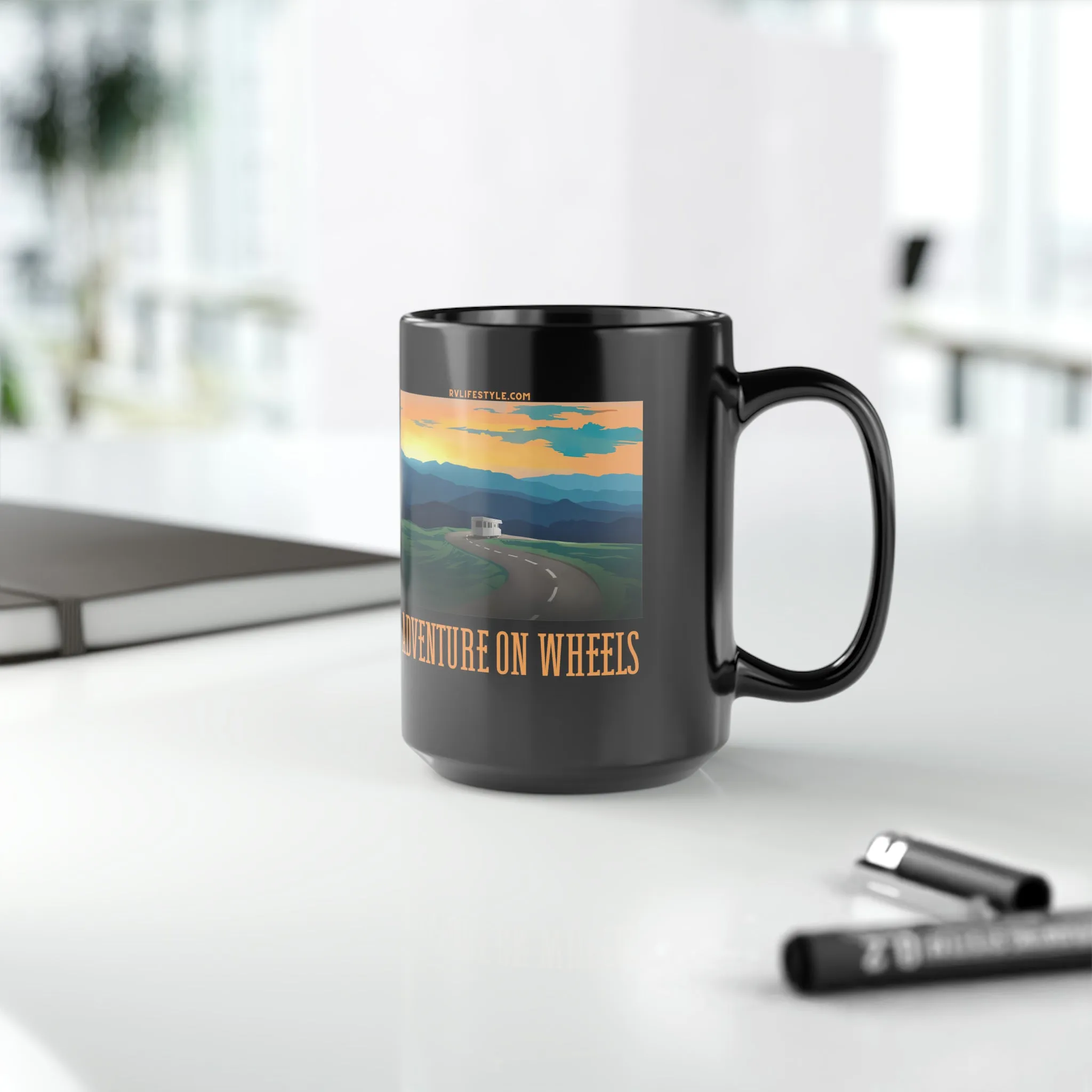 Adventure on Wheels - Black Mug, 15oz