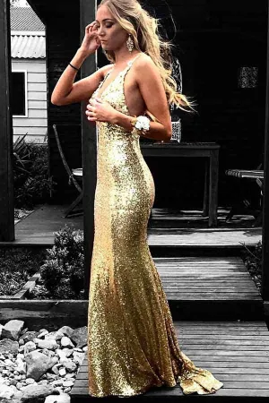 Anneprom Mermaid V-Neck Backless Gold Sequined Prom Dress With Appliques APP0315