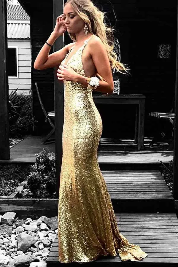 Anneprom Mermaid V-Neck Backless Gold Sequined Prom Dress With Appliques APP0315