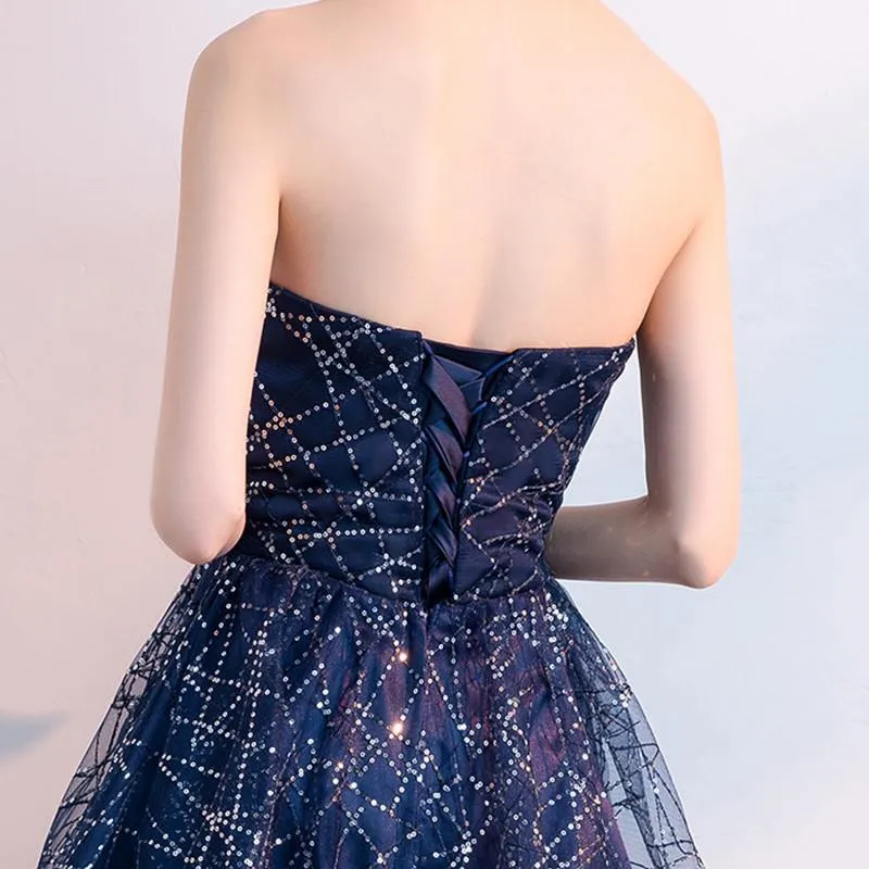 Anneprom Navy Blue A Line Strapless Sequined Short Homecoming Dresses APH0054