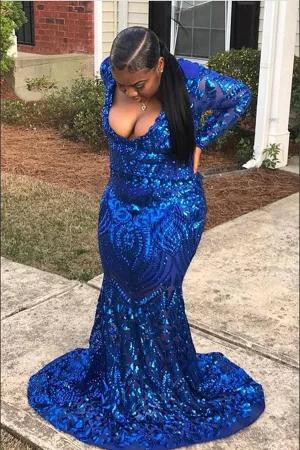Anneprom Trendy Royal Blue V neck Long Sleeve Mermaid Plus Size Sequined Prom Dress APP0580