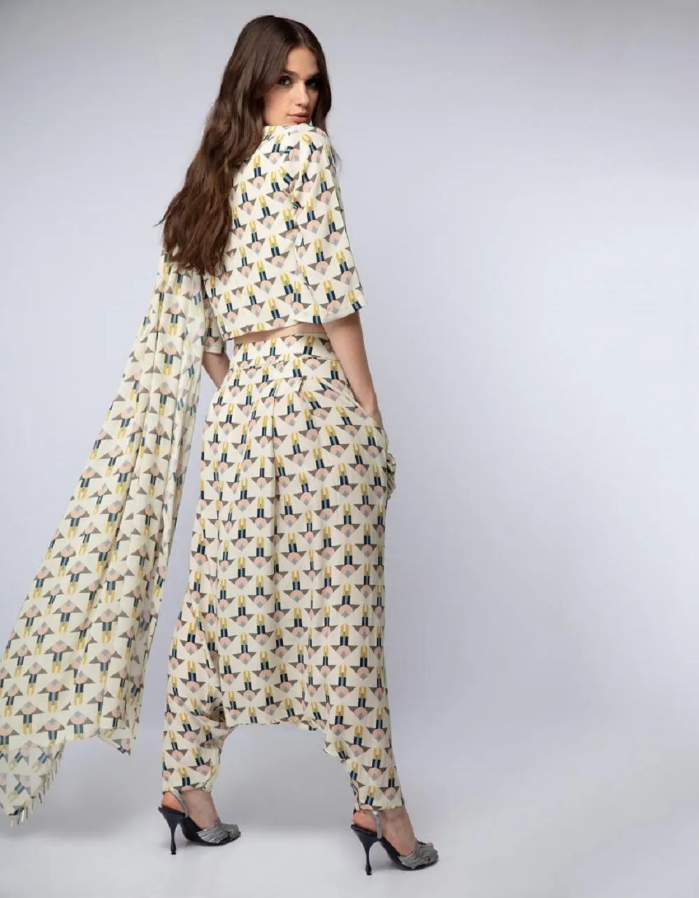 Arrow Print Crop Top with Dhoti Pants