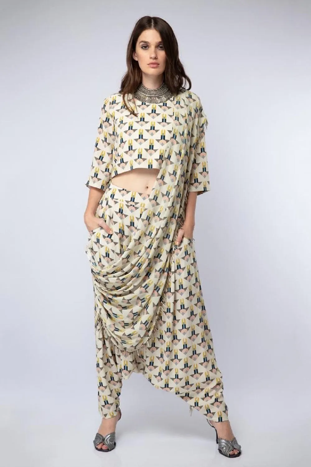 Arrow Print Crop Top with Dhoti Pants