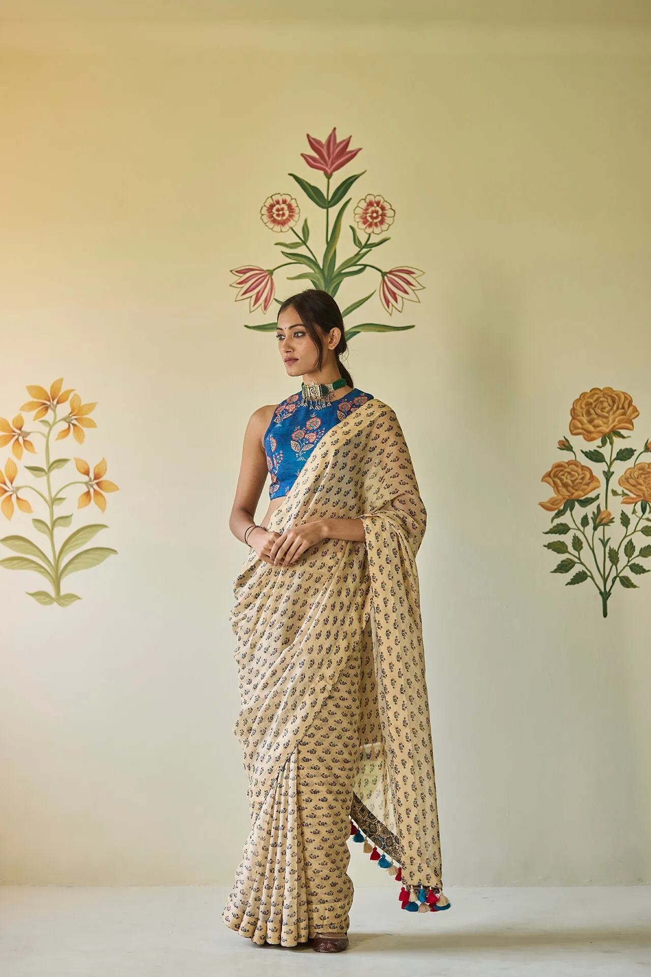 Beige & Blue Saree