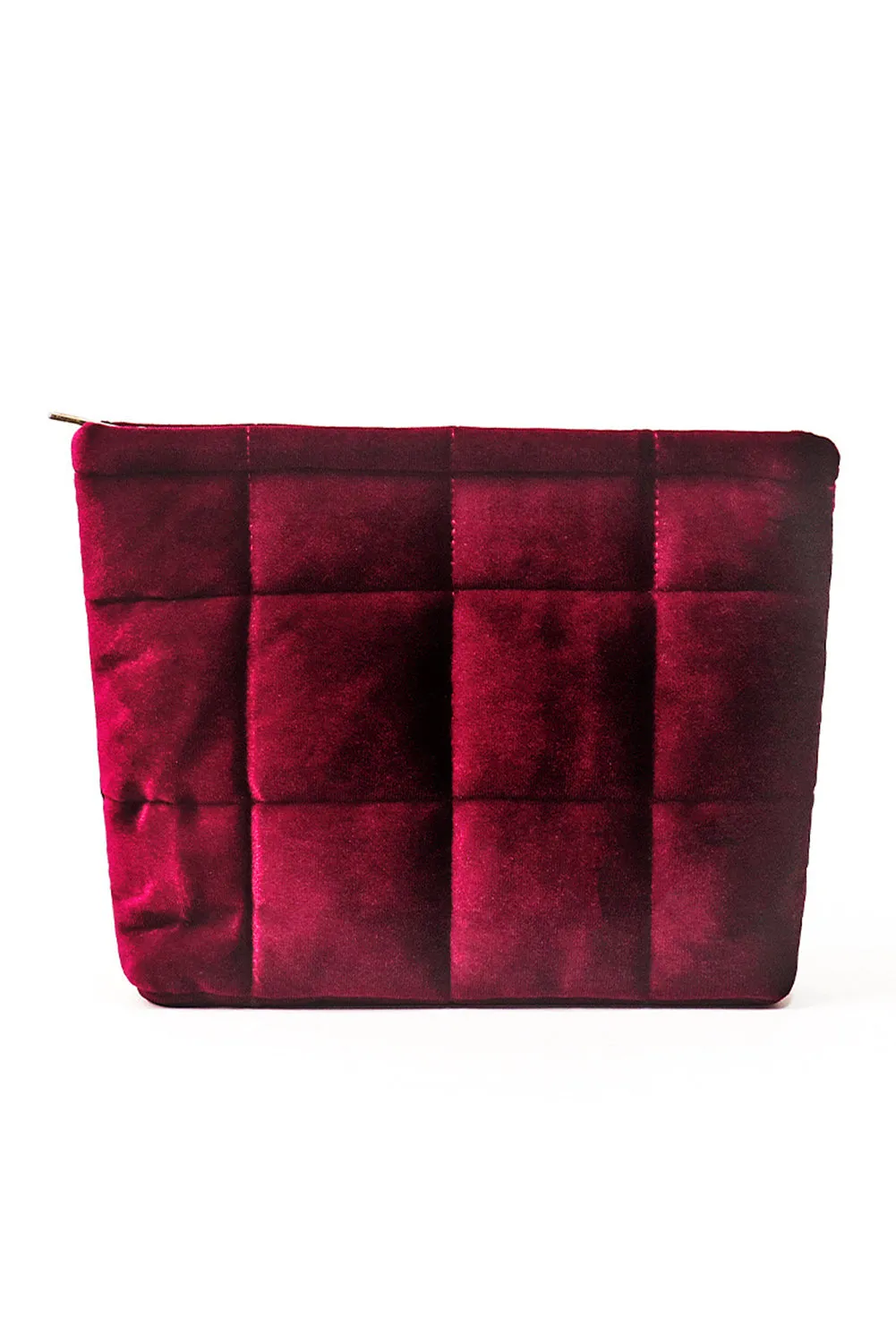 Burgundy Quilted Velour Zipper Cosmetic Organize Pouch