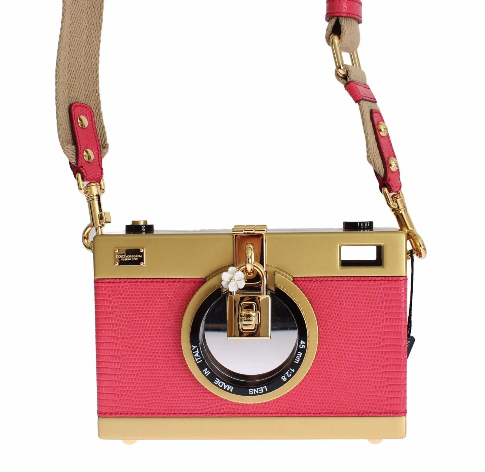 Camera Case Pink Leather Gold Shoulder Bag Clutch