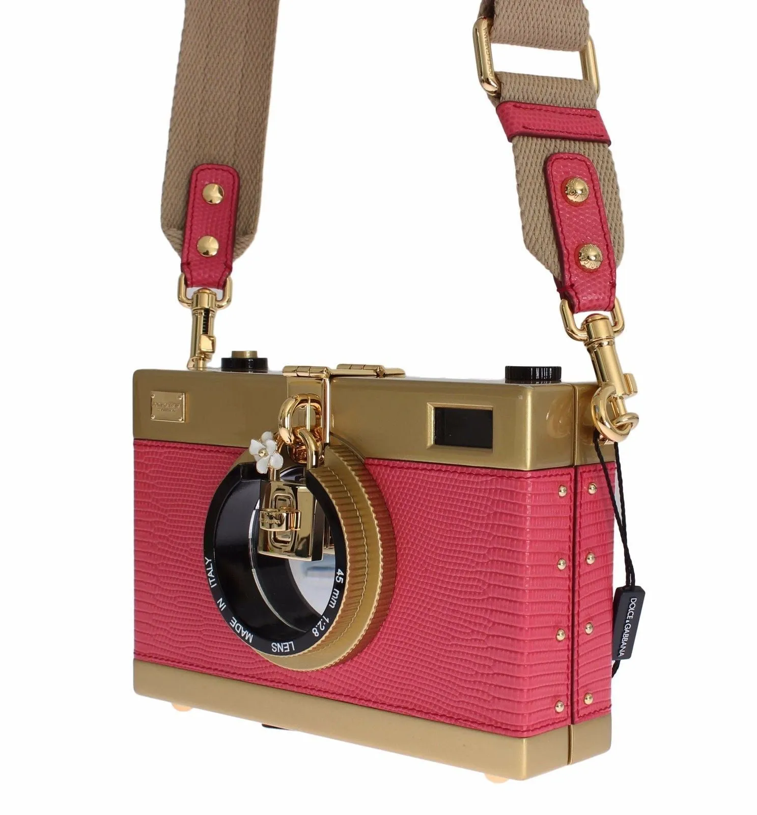 Camera Case Pink Leather Gold Shoulder Bag Clutch
