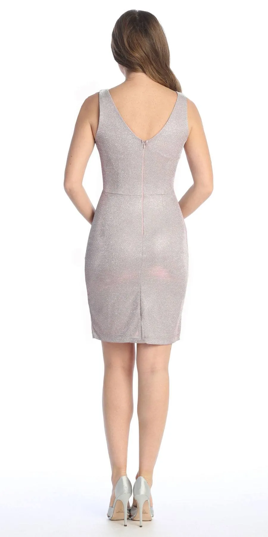 Celavie 6483-S V-Neck Glittery Short Wedding-Guest Dress