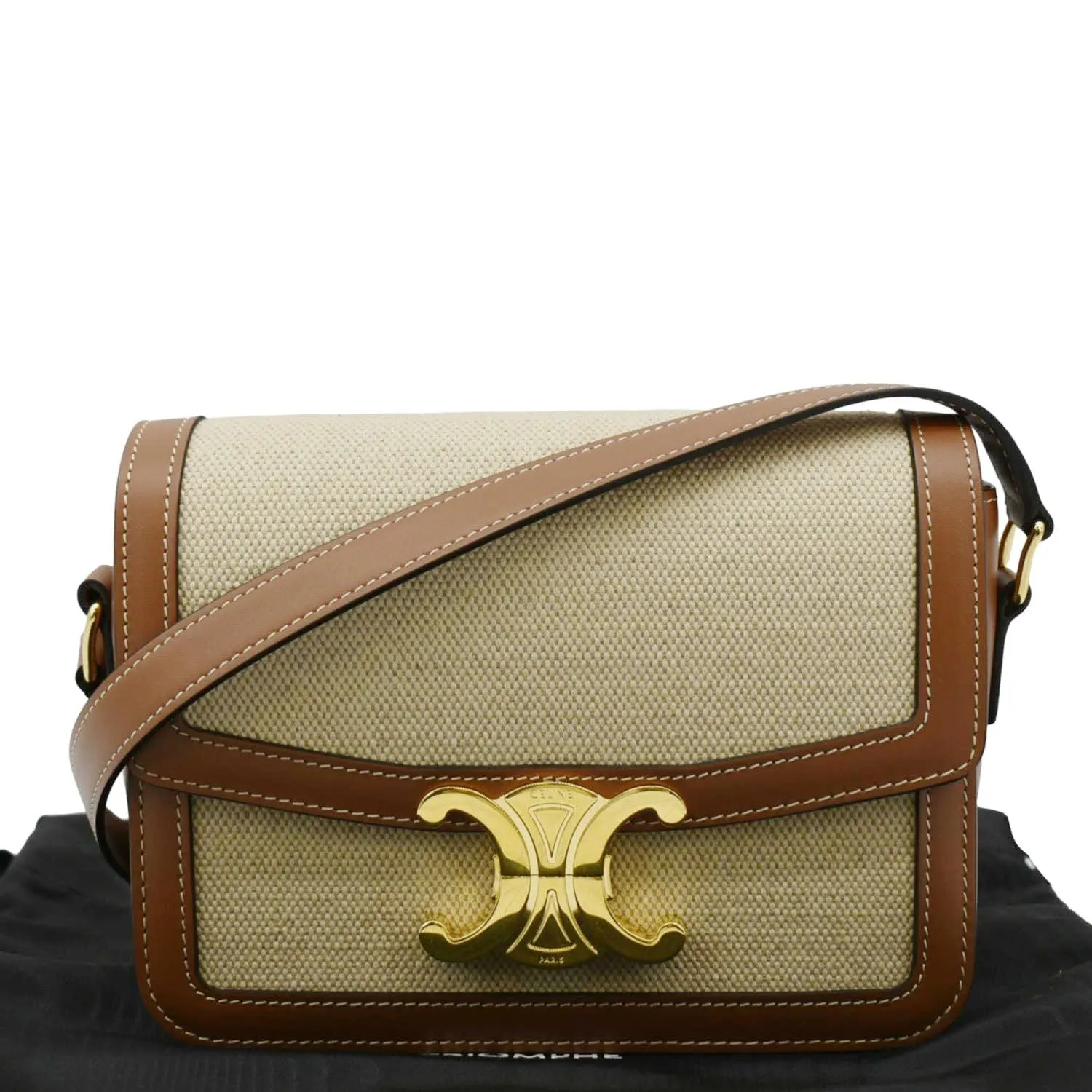 CELINE Triomphe Medium Leather Textile Shoulder Bag Light Brown