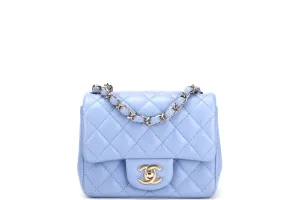 CHANEL CLASSIC MINI SQUARE (3071xxxx) LIGHT BLUE LAMBSKIN LIGHT GOLD HARDWARE, WITH CARD, DUST COVER & BOX
