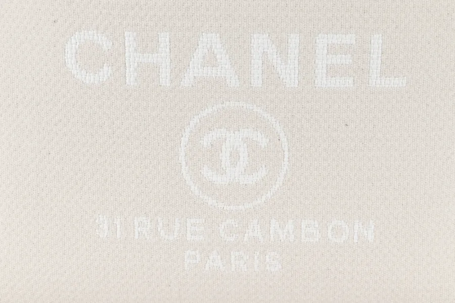 CHANEL DEAUVILLE SMALL BEIGE & WHITE CANVAS (K17Lxxxx) GOLD HARDWARE WITH DUST COVER AND BOX