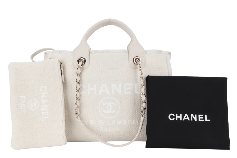 CHANEL DEAUVILLE SMALL BEIGE & WHITE CANVAS (K17Lxxxx) GOLD HARDWARE WITH DUST COVER AND BOX