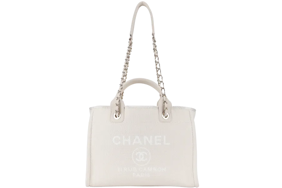 CHANEL DEAUVILLE SMALL BEIGE & WHITE CANVAS (K17Lxxxx) GOLD HARDWARE WITH DUST COVER AND BOX