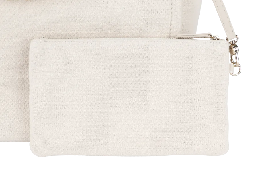 CHANEL DEAUVILLE SMALL BEIGE & WHITE CANVAS (K17Lxxxx) GOLD HARDWARE WITH DUST COVER AND BOX