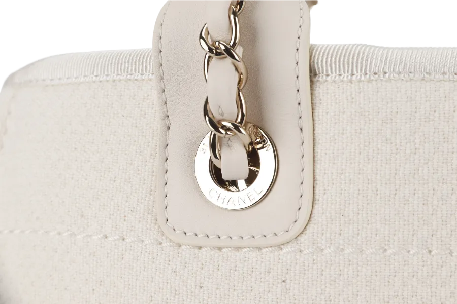 CHANEL DEAUVILLE SMALL BEIGE & WHITE CANVAS (K17Lxxxx) GOLD HARDWARE WITH DUST COVER AND BOX