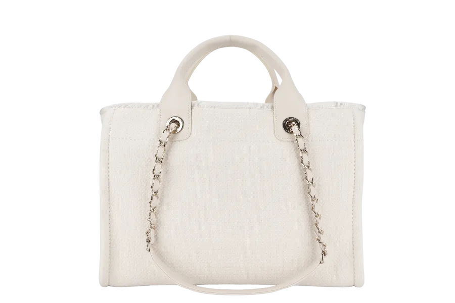 CHANEL DEAUVILLE SMALL BEIGE & WHITE CANVAS (K17Lxxxx) GOLD HARDWARE WITH DUST COVER AND BOX