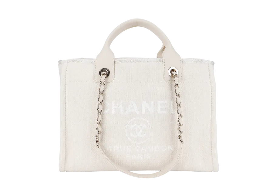 CHANEL DEAUVILLE SMALL BEIGE & WHITE CANVAS (K17Lxxxx) GOLD HARDWARE WITH DUST COVER AND BOX