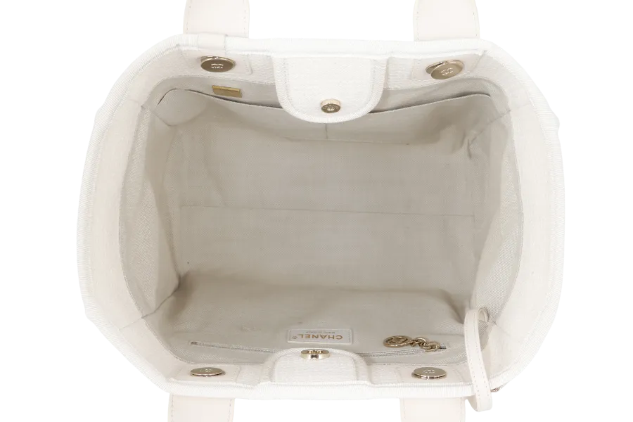 CHANEL DEAUVILLE SMALL BEIGE & WHITE CANVAS (K17Lxxxx) GOLD HARDWARE WITH DUST COVER AND BOX
