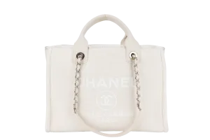 CHANEL DEAUVILLE SMALL BEIGE & WHITE CANVAS (K17Lxxxx) GOLD HARDWARE WITH DUST COVER AND BOX