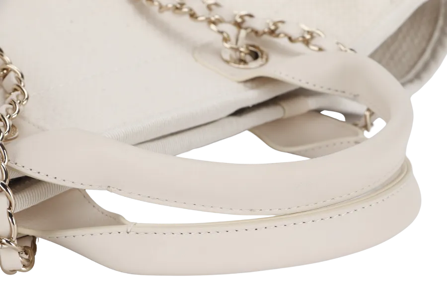 CHANEL DEAUVILLE SMALL BEIGE & WHITE CANVAS (K17Lxxxx) GOLD HARDWARE WITH DUST COVER AND BOX