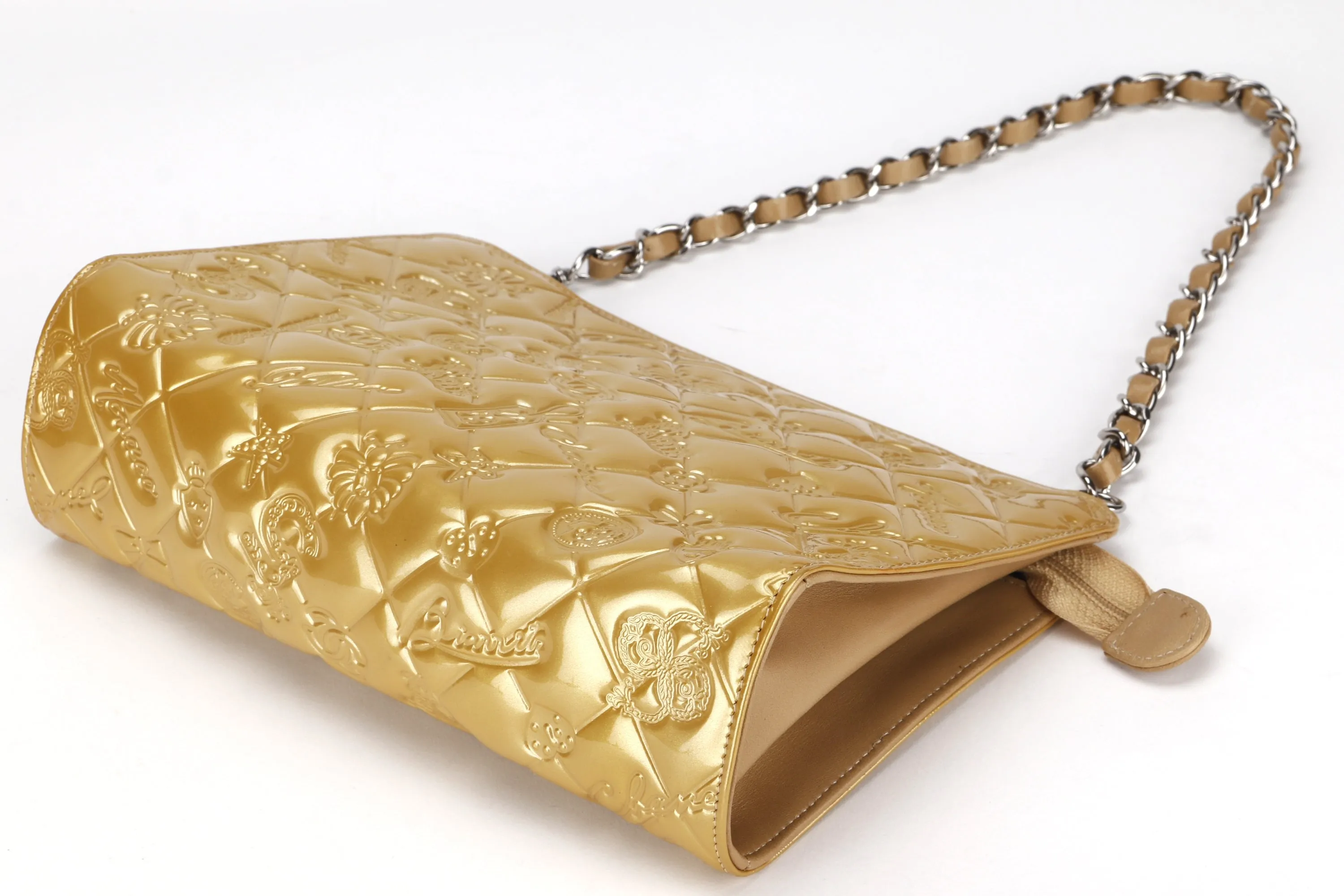 CHANEL EMBOSSED GOLD PATENT LUCKY SYMBOLS BAG (1335xxxx) SILVER HARDWARE, NO CARD, DUST COVER & BOX