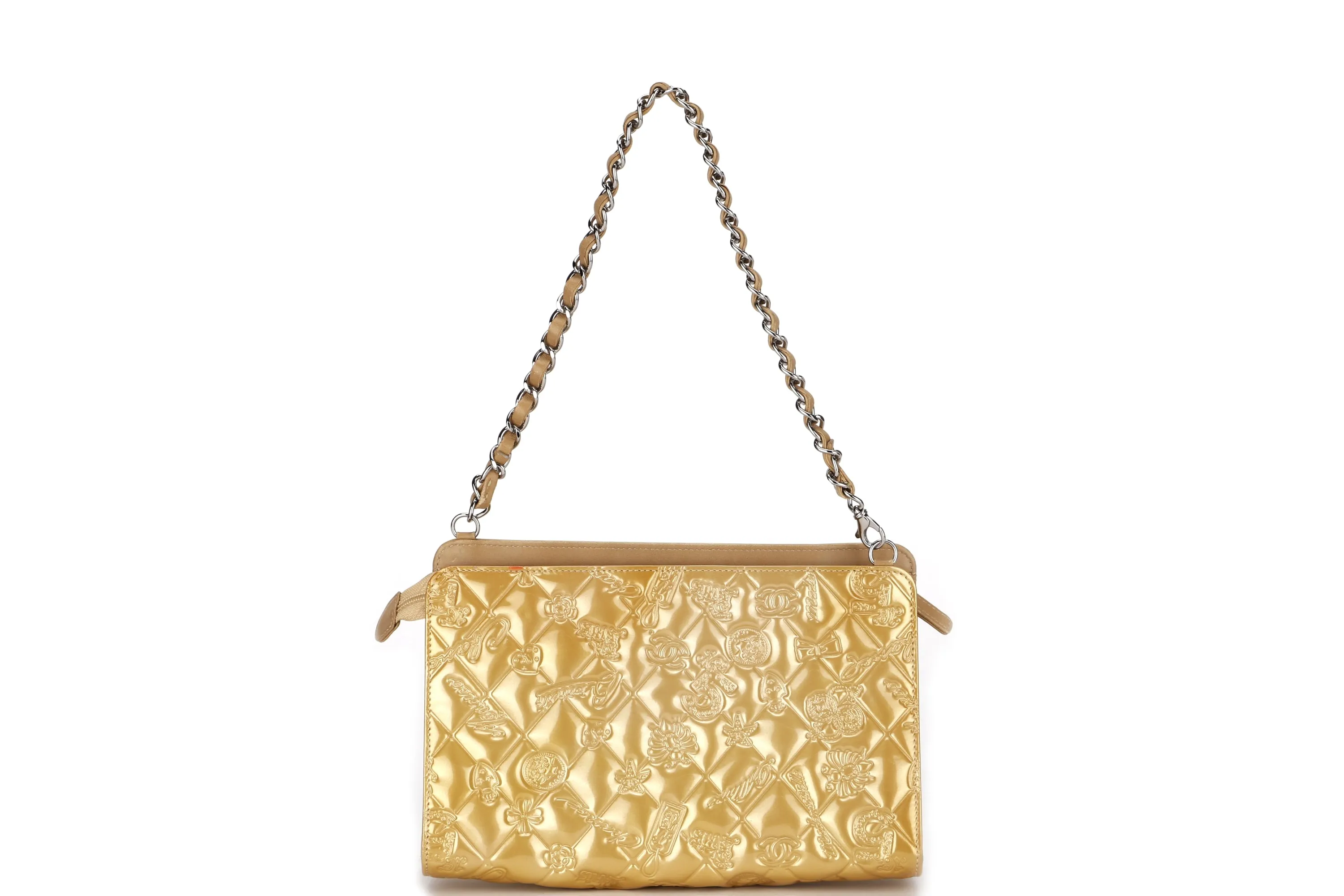 CHANEL EMBOSSED GOLD PATENT LUCKY SYMBOLS BAG (1335xxxx) SILVER HARDWARE, NO CARD, DUST COVER & BOX
