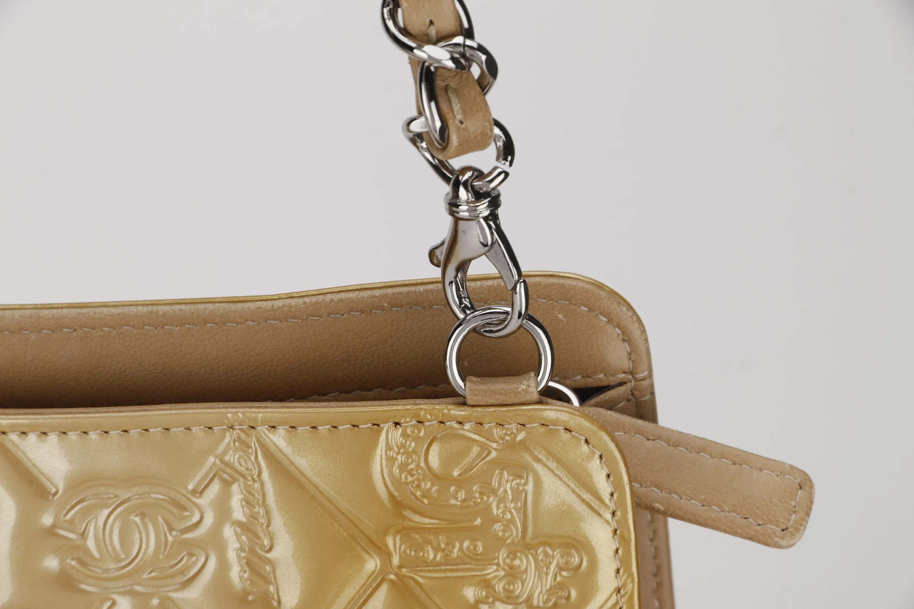 CHANEL EMBOSSED GOLD PATENT LUCKY SYMBOLS BAG (1335xxxx) SILVER HARDWARE, NO CARD, DUST COVER & BOX