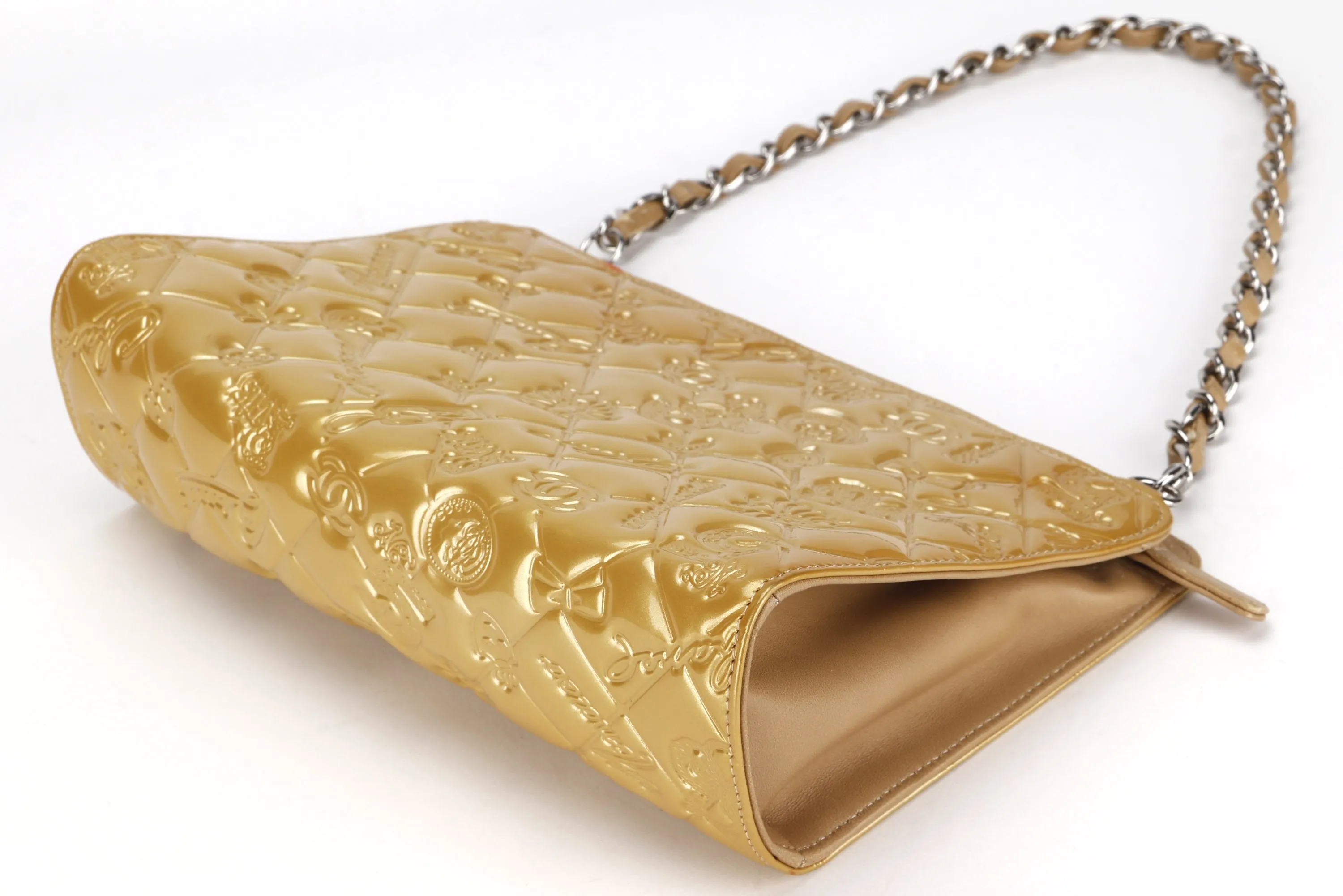 CHANEL EMBOSSED GOLD PATENT LUCKY SYMBOLS BAG (1335xxxx) SILVER HARDWARE, NO CARD, DUST COVER & BOX