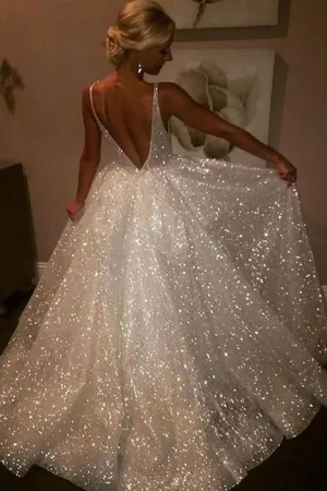 Charming Backless Sequined A Line Long Prom Dress,Cheap Wedding Dresses OK923