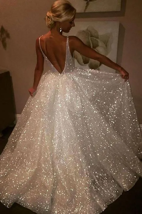 Charming Backless Sequined A Line Long Prom Dress,Cheap Wedding Dresses OK923