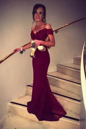 Charming Burgundy Mermaid Off Shoulder Long Prom Dresses, Party Dress, MP223