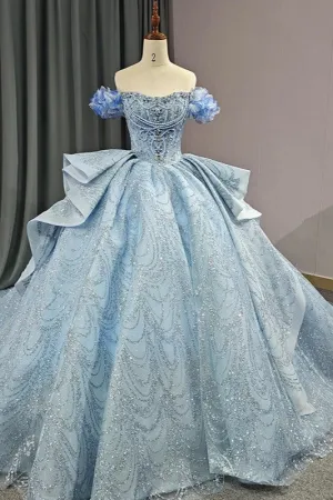 Chic Strapless Off-the-shoulder Long Prom Dresses Court Train Ruffles Sequined Ball Gown