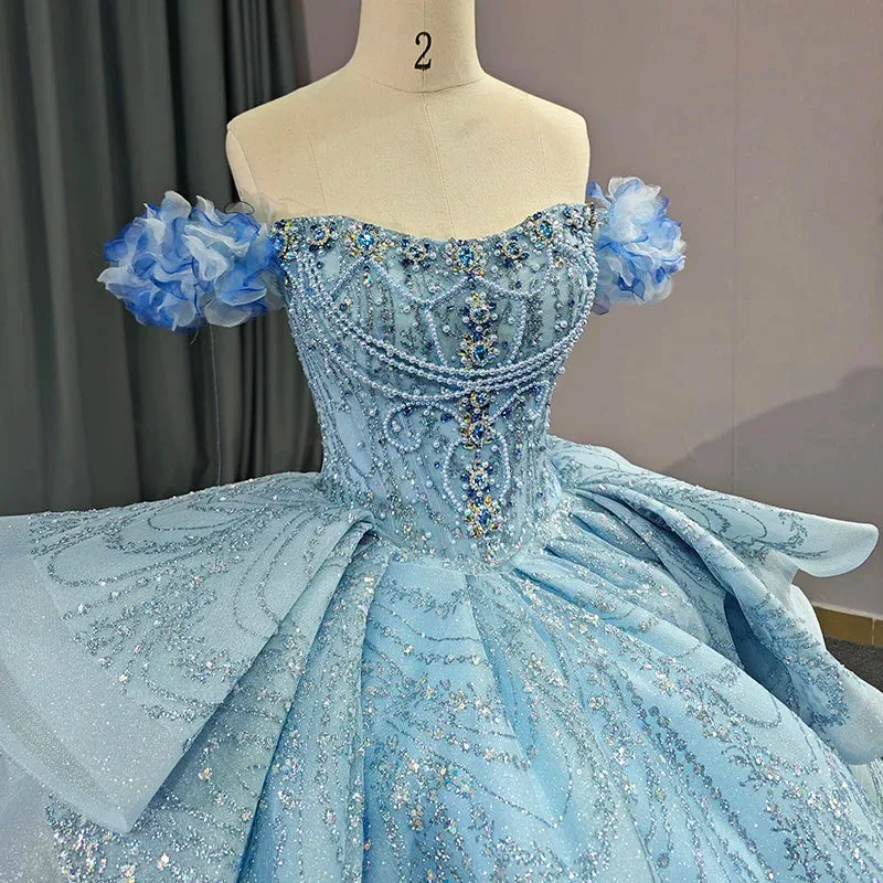 Chic Strapless Off-the-shoulder Long Prom Dresses Court Train Ruffles Sequined Ball Gown
