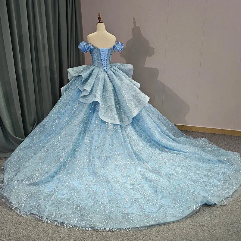 Chic Strapless Off-the-shoulder Long Prom Dresses Court Train Ruffles Sequined Ball Gown