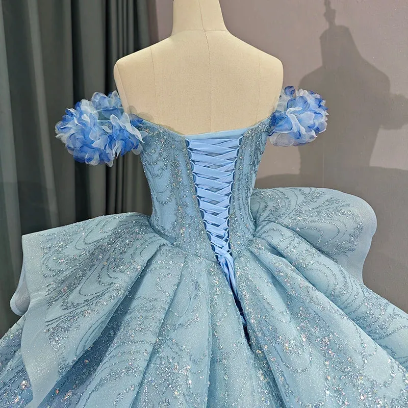 Chic Strapless Off-the-shoulder Long Prom Dresses Court Train Ruffles Sequined Ball Gown