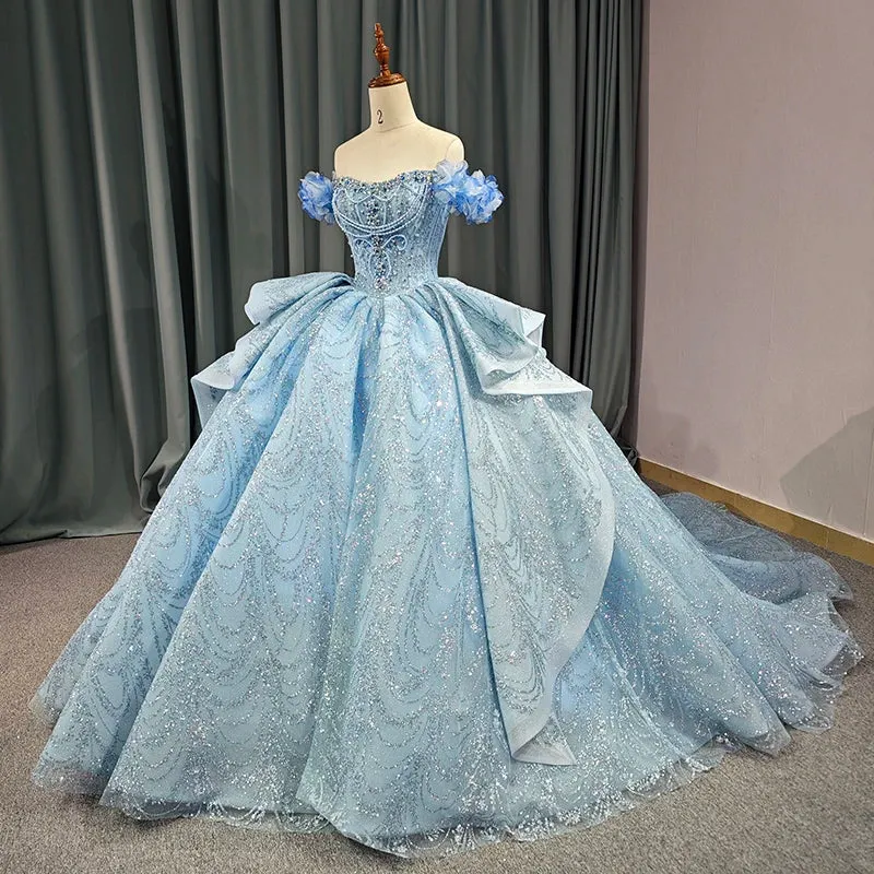 Chic Strapless Off-the-shoulder Long Prom Dresses Court Train Ruffles Sequined Ball Gown