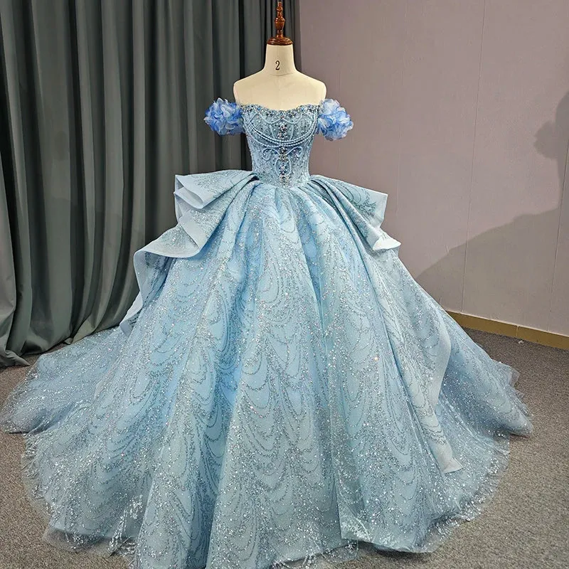 Chic Strapless Off-the-shoulder Long Prom Dresses Court Train Ruffles Sequined Ball Gown