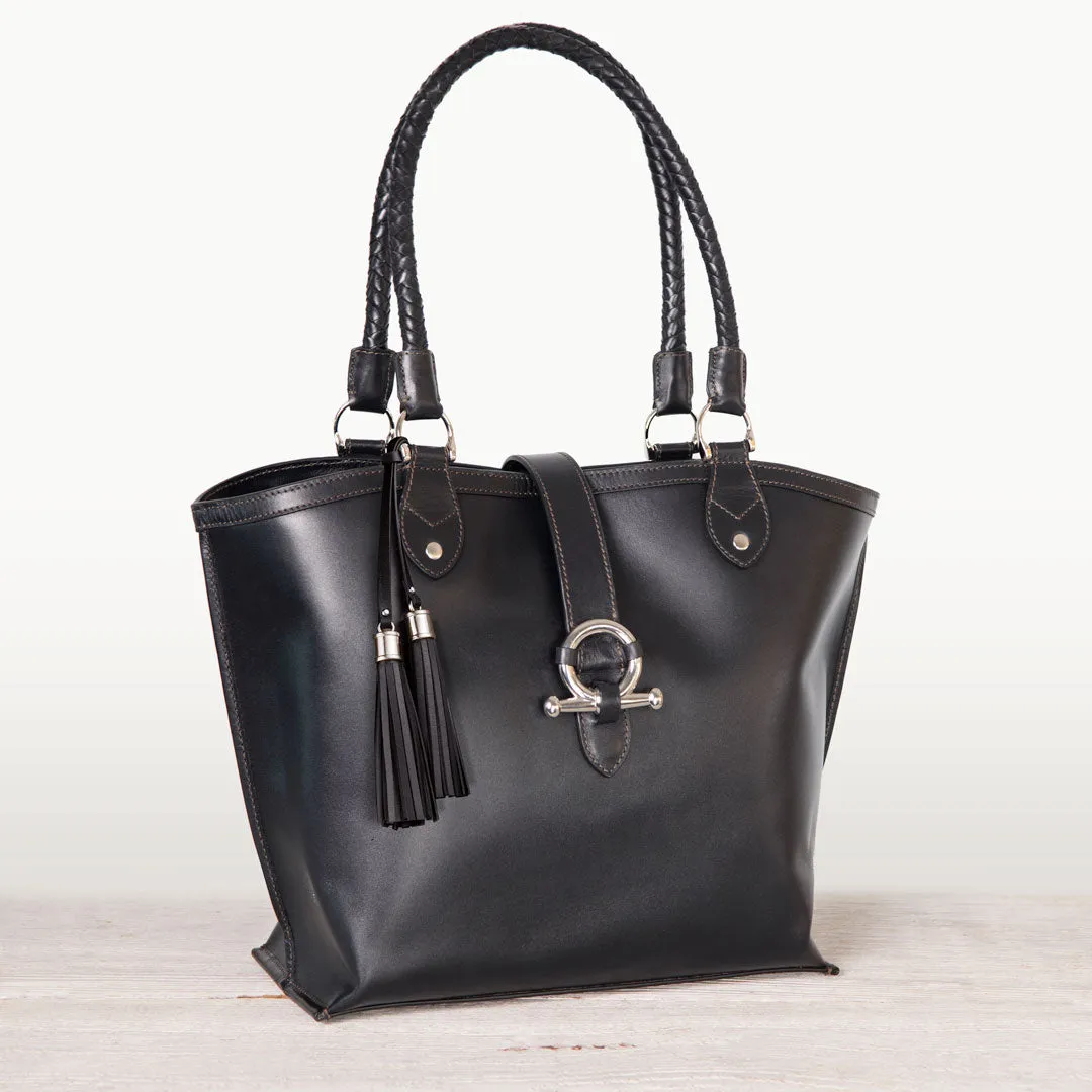 Del Rey - Equestrian Horse Bit Tote Bag in Black Italian Leather