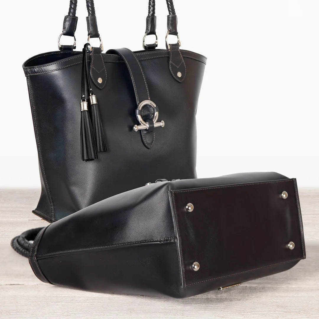 Del Rey - Equestrian Horse Bit Tote Bag in Black Italian Leather