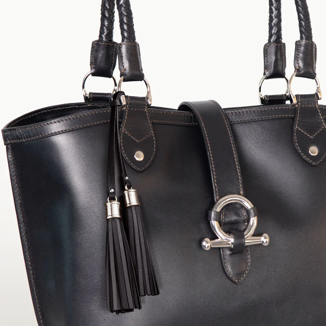 Del Rey - Equestrian Horse Bit Tote Bag in Black Italian Leather