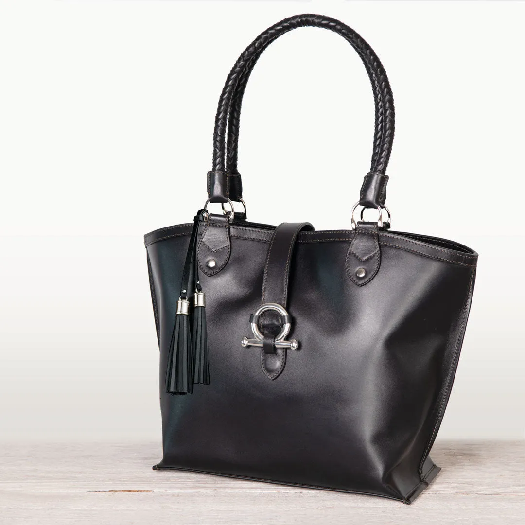 Del Rey - Equestrian Horse Bit Tote Bag in Black Italian Leather