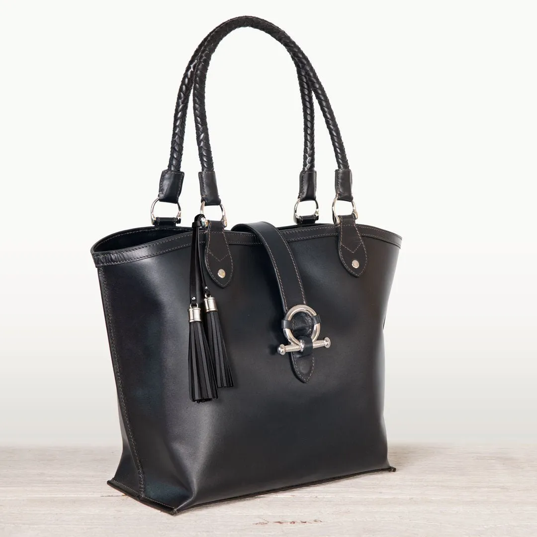 Del Rey - Equestrian Horse Bit Tote Bag in Black Italian Leather