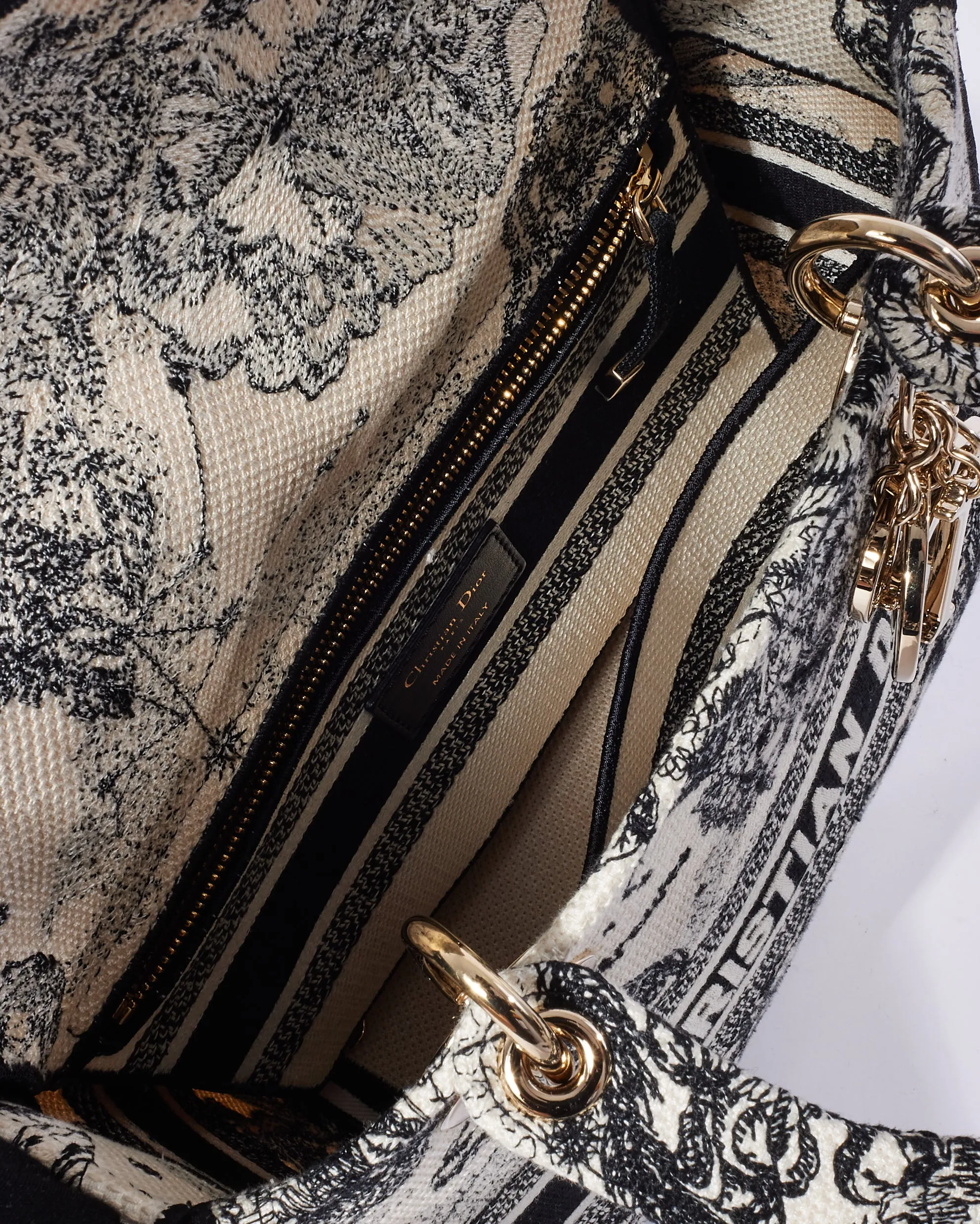 Dior Cream & Black Toile De Jouy Zodiac Embroidery Canvas Medium Lady D-Lite Bag