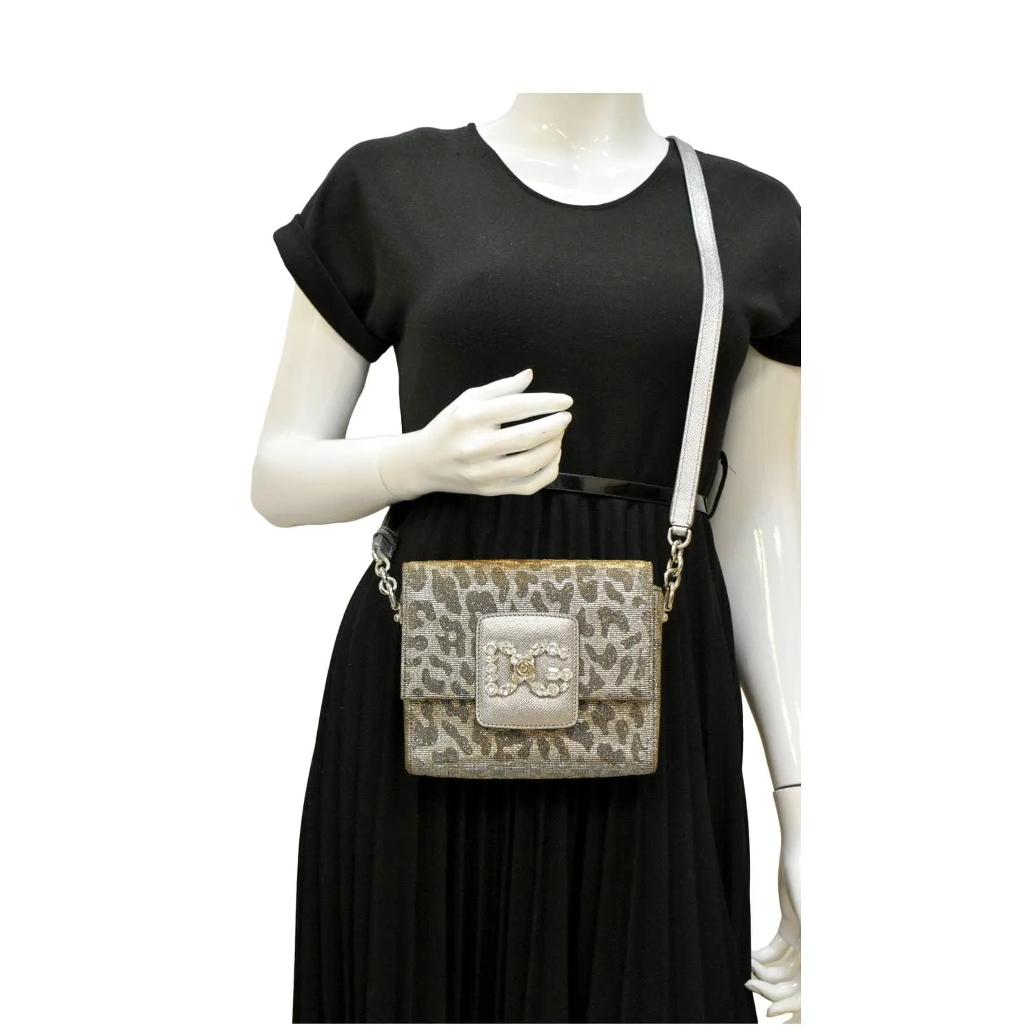 DOLCE & GABBANA Glitter DG Millennials Mini Leopard Print Leather Shoulder Bag Metallic Silver