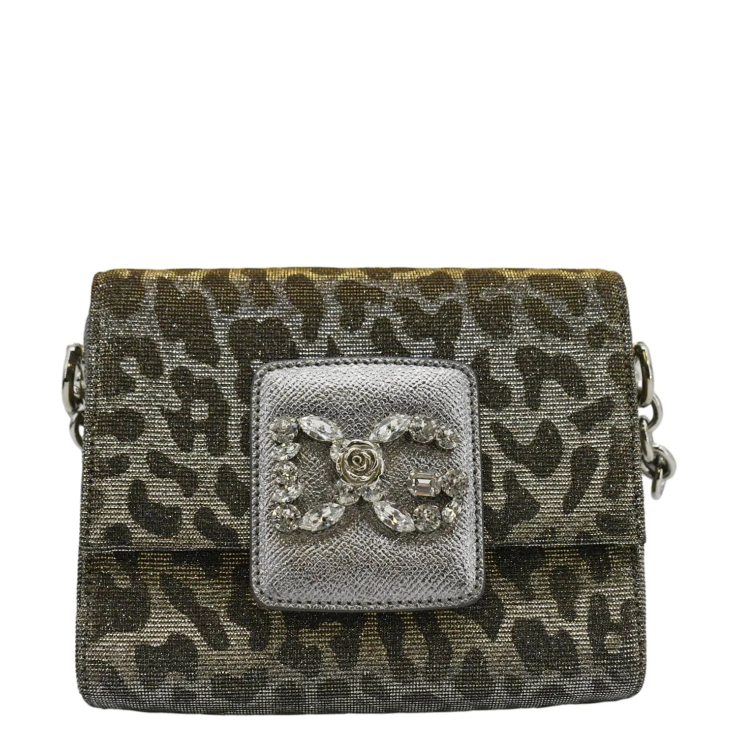 DOLCE & GABBANA Glitter DG Millennials Mini Leopard Print Leather Shoulder Bag Metallic Silver