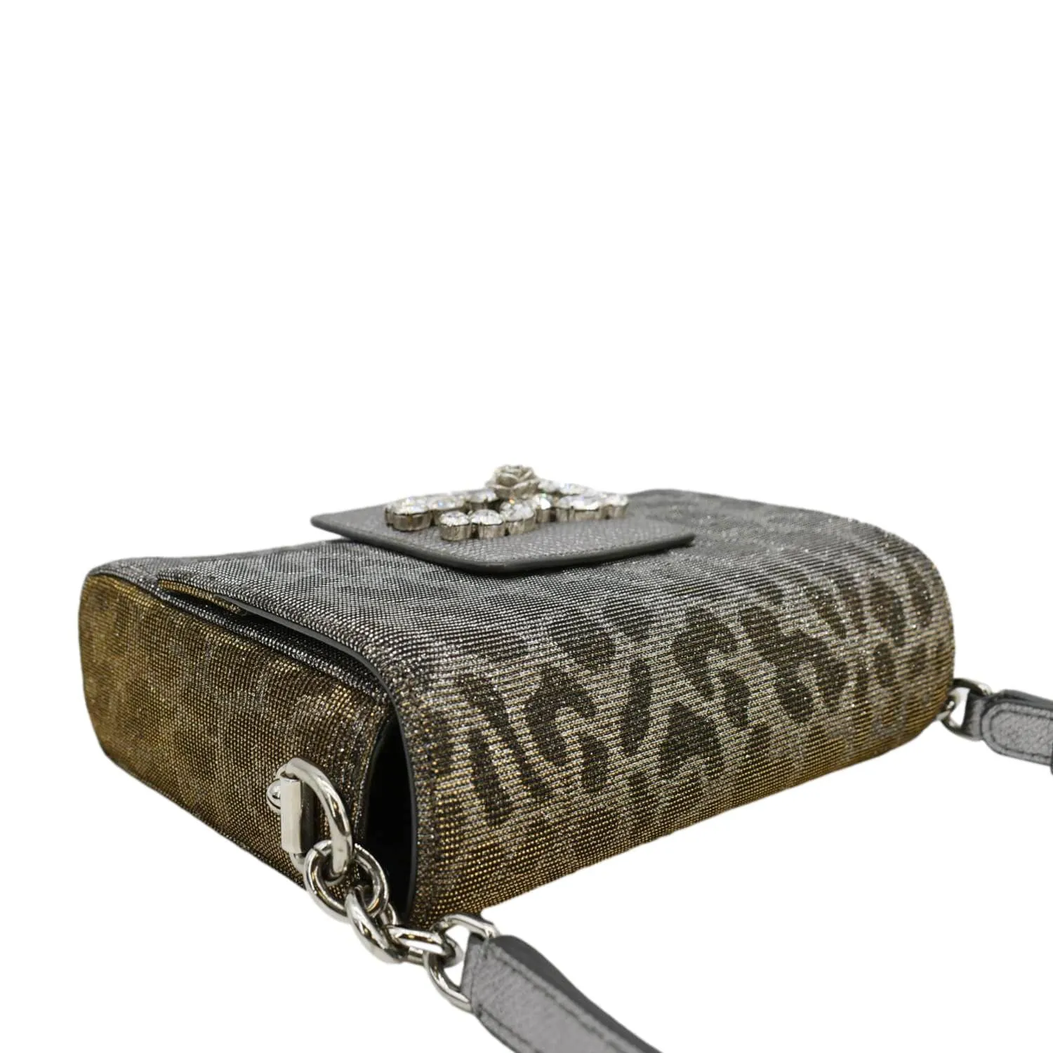 DOLCE & GABBANA Glitter DG Millennials Mini Leopard Print Leather Shoulder Bag Metallic Silver